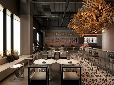 Modern Café Interior With Stylish Chandelier Tables Chairs And Bar Counter 3d model