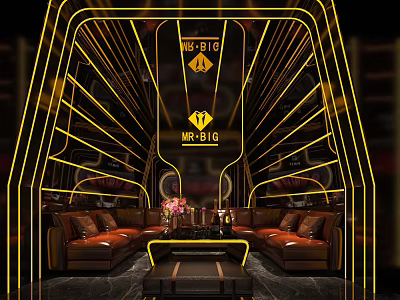Luxury KTV Interior Design With Yellow Neon Lights Brown Leather Sofas And Central Coffee Table 3d model