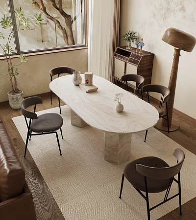 Elegant Modern Dining Table Set with White Marble Top Dark Upholstered Chairs and Decorative Vases 3d model