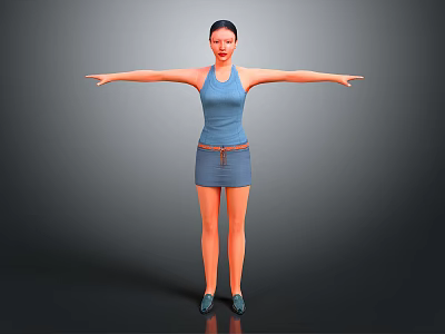 Young Woman in Blue Tank Top and Skirt with Arms Outstretched Against Gray Background 3d model