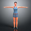 Young Woman in Blue Tank Top and Skirt with Arms Outstretched Against Gray Background