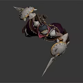 Armored Warrior In Red Purple Outfit With Mythical Creature Companion And Shield Dagger