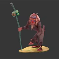Anthropomorphic Baboon Character Holding Staff With Fruits 3D Model Standing On Base