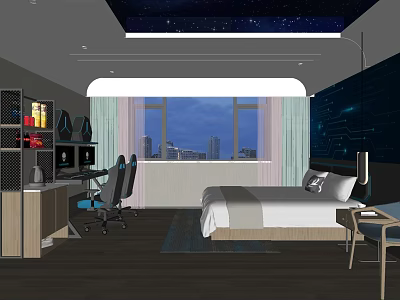 Starry Sky Ceiling Hotel Guest Room With Bed Desk And City Night View Window 3d model