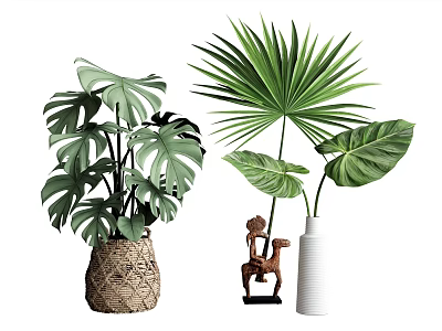 Decorative Woven and White Vases with Monstera Palm Leaf Plants and Figurine 3d model