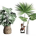 Decorative Woven and White Vases with Monstera Palm Leaf Plants and Figurine