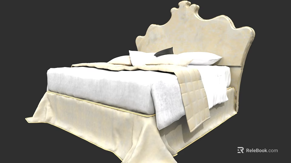 Elegant Double Bed With Ornate Headboard White Bedding And Decorative Blanket 3d model