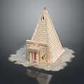 Ancient Pyramid Tower with Stepped Architecture Egyptian Style Carvings Ornate Entrance and Sandy Base