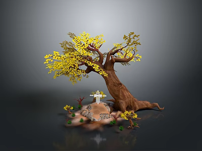 Tree With Yellow Leaves And Brown Trunk And Cross On Stone Surrounded By Small Plants 3d model