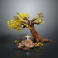 Tree With Yellow Leaves And Brown Trunk And Cross On Stone Surrounded By Small Plants