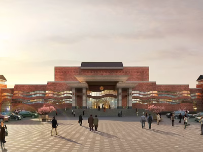 Red Brick Building Plaza With Pedestrians Vehicles And Cherry Blossoms 3d model