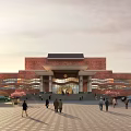 Red Brick Building Plaza With Pedestrians Vehicles And Cherry Blossoms
