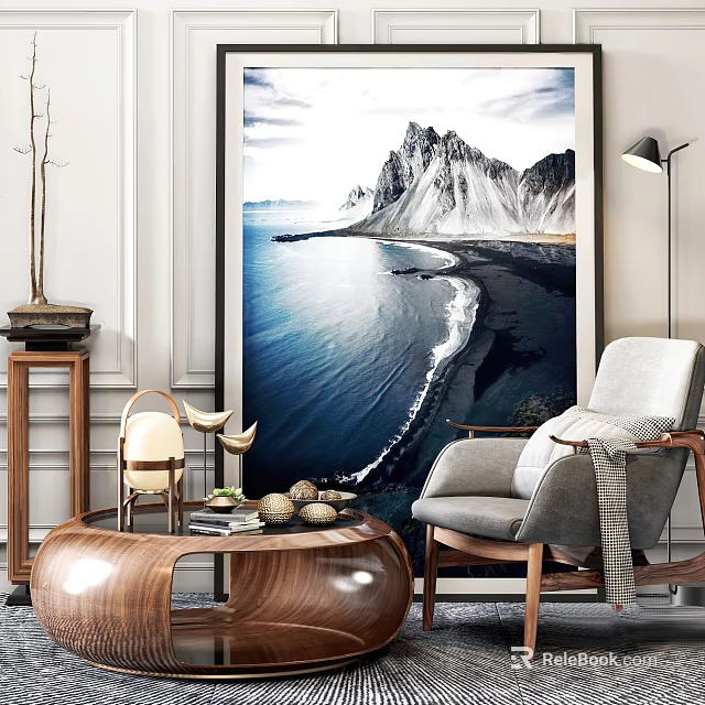 Modern Wooden Coffee Table With Decorative Items And Armchair In Living Room 3d model 