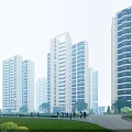Modern High Rise Residential Buildings With Greenery And People Walking In Urban Area