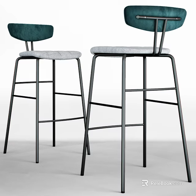 Modern Minimalist Teal Velvet Bar Stools With Light Gray Seats And Metal Frames 3d model 