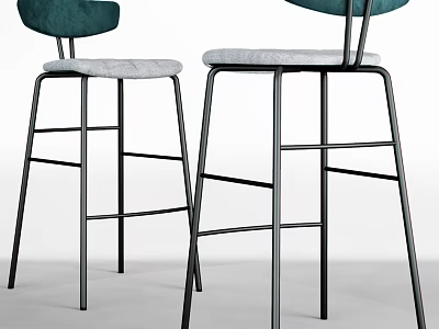 Modern Minimalist Teal Velvet Bar Stools With Light Gray Seats And Metal Frames 3d model