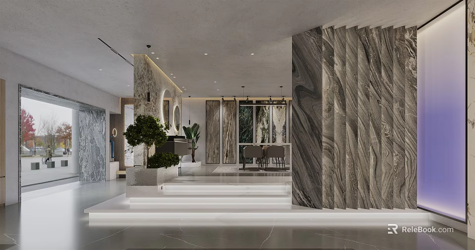 Elegant Modern Lobby Interior With Marble Walls Steps Green Plants And Windows 3d model 