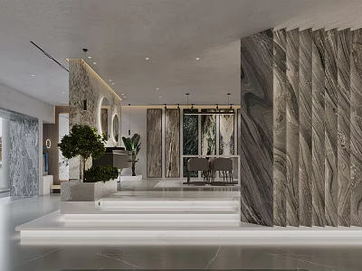 Elegant Modern Lobby Interior With Marble Walls Steps Green Plants And Windows 3d model