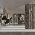 Elegant Modern Lobby Interior With Marble Walls Steps Green Plants And Windows