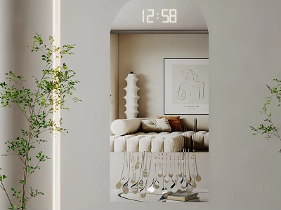 Modern Arch Mirror with Digital Clock in Living Space Green Plant Sofa and Chandelier 3d model