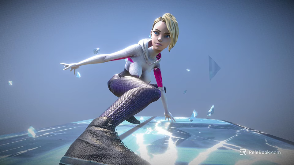 Blonde Female Character Crouching On Transparent Platform With Blue Fragments And Ice Crystals 3d model 