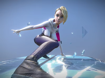 Blonde Female Character Crouching On Transparent Platform With Blue Fragments And Ice Crystals 3d model