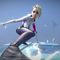 Blonde Female Character Crouching On Transparent Platform With Blue Fragments And Ice Crystals