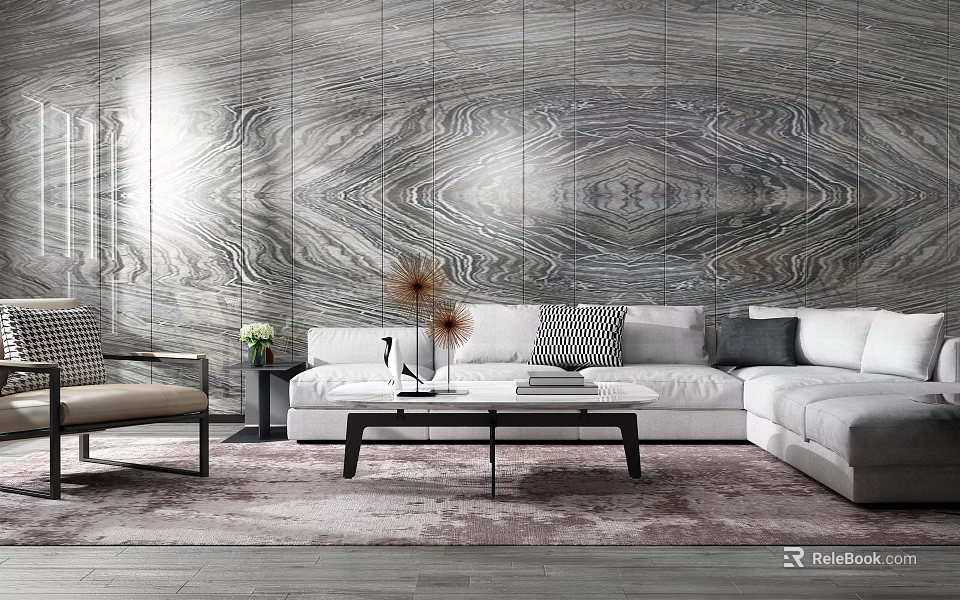 Modern Living Room Sofa And Coffee Table Set With Marble Wall And Gray Rug 3d model 