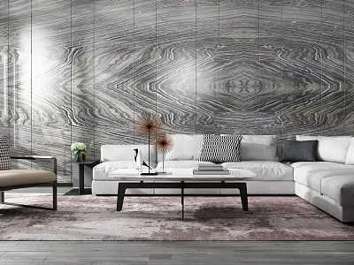 Modern Living Room Sofa And Coffee Table Set With Marble Wall And Gray Rug 3d model