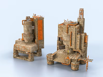 Future Architecture Industrial Style Modular Twin Buildings Stone Metal Exteriors Orange Accent Details 3d model