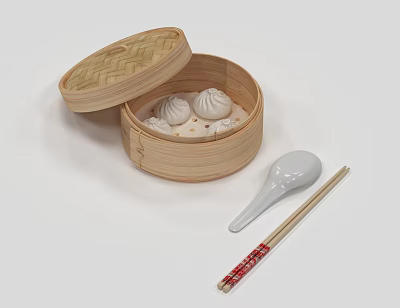 Steamed Buns in Bamboo Steamer with White Spoon and Chopsticks 3d model
