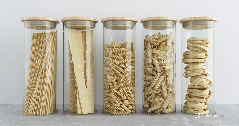 Kitchen Glass Storage Jars with Wooden Lids Holding Various Pasta Shapes 3d model 