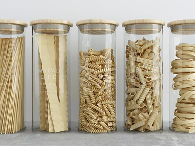 Kitchen Glass Storage Jars with Wooden Lids Holding Various Pasta Shapes 3d model