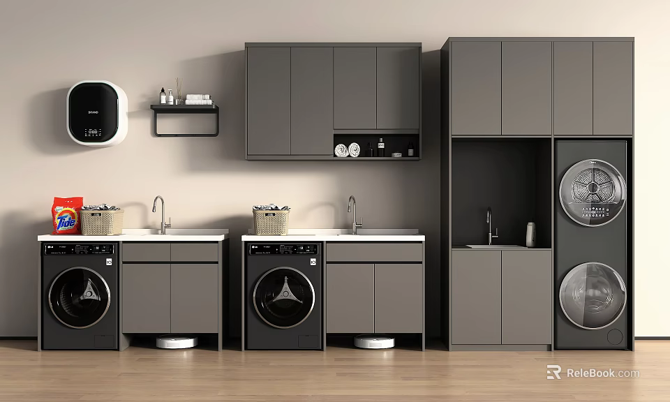 Modern Laundry Room with Washer Dryer Gray Cabinets Sink and Storage 3d model 