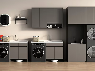 Modern Laundry Room with Washer Dryer Gray Cabinets Sink and Storage 3d model
