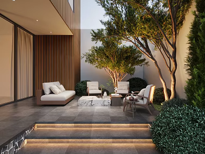 Elegant Modern Courtyard Garden With Lounge Sofa Chairs Table Trees Greenery And Illuminated Steps 3d model