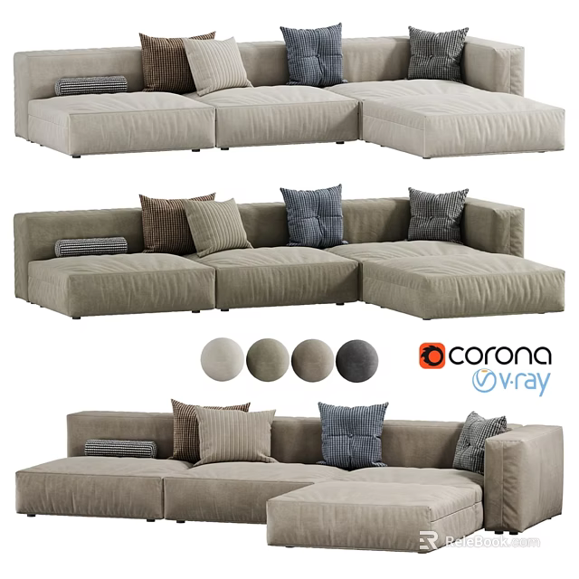 Modern Beige Double Sofa With Soft Fabric And Decorative Pillows 3d model 