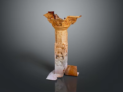 Ancient Carved Stone Pillar With Intricate Designs And Broken Top 3d model