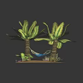 Cartoon Scene Featuring Two Palm Trees Hammock Small Plants And Flowers On Island