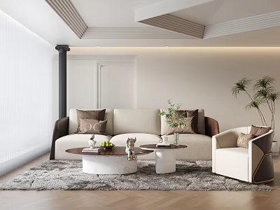 Modern Beige Sofa And Coffee Table Set With Throw Pillows Accent Chair And Potted Plant 3d model