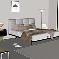 Double Bed With Tufted Headboard Brown Pillows Blanket Nightstand Lamp Floor Lamp And Wall Art