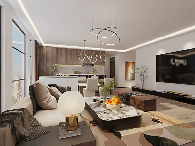 Modern Living and Dining Room Interior With Sofa Coffee Table TV Chandelier And Open Kitchen 3d model