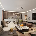 Modern Living and Dining Room Interior With Sofa Coffee Table TV Chandelier And Open Kitchen
