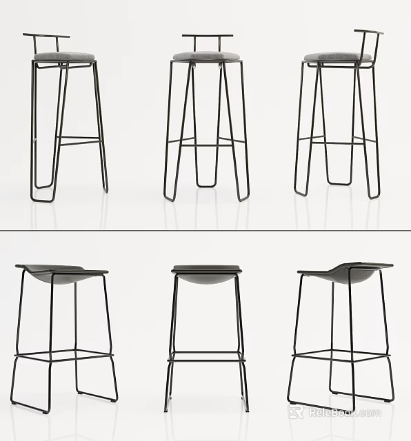 Modern Bar Stools With Sleek Metal Frame And Minimalist Design Shown In Multiple Angles 3d model 