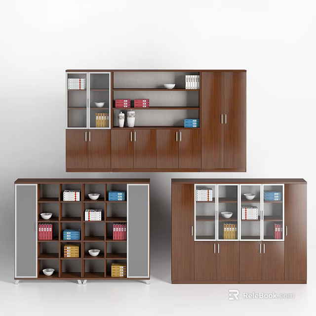 Wooden Bookcase with Glass Doors and Open Shelves Filled with Books Bowls and Decorative Items 3d model 