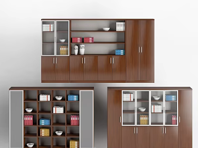 Wooden Bookcase with Glass Doors and Open Shelves Filled with Books Bowls and Decorative Items 3d model