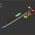 Traditional Japanese Sword With Red Scabbard Blue Blade And Yellow Accessories
