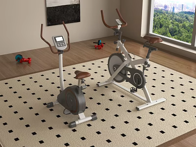 Home Fitness Room Sports Equipment With Exercise Bike Elliptical Trainer And Dumbbells 3d model