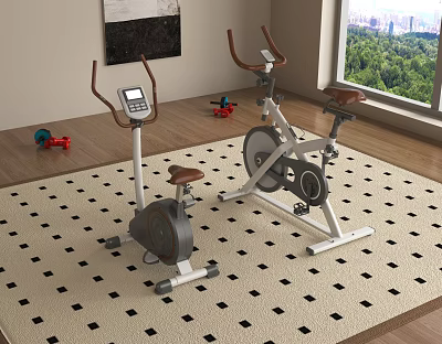 Home Fitness Room Sports Equipment With Exercise Bike Elliptical Trainer And Dumbbells 3d model