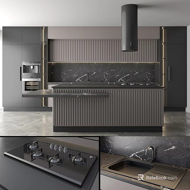 Modern Kitchen Interior With Gray Cabinets Marble Countertops Island And Range Hood 3d model 